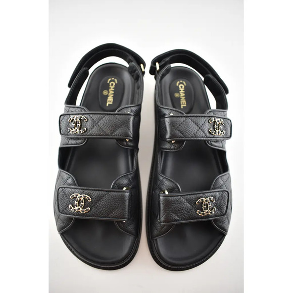 Chanel REV Black Caviar Gold CC Logo Mule Slide Strap Flat Teva Dad Sandal 39 - Picture 6 of 12
